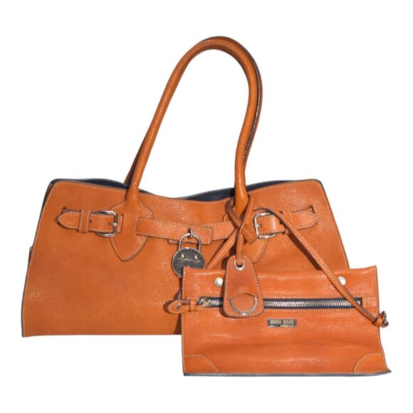 Miu Miu Leather Tote Bag with Matching Pouch – Orange, Made in Italy - Picture 1 of 16